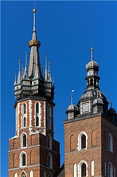 双塔,大教堂,市场,克拉科,波兰,蓝色背景,天空,背景