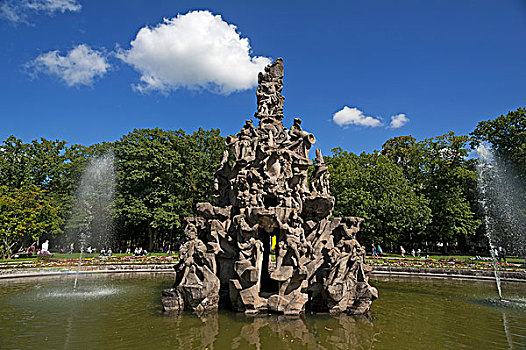 喷泉,雕刻师,城堡,花园,中间,弗兰克尼亚,巴伐利亚,德国,欧洲