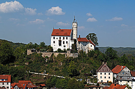城堡,新哥德式,仰视,房子,上弗兰科尼亚,巴伐利亚,德国,欧洲
