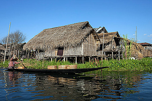 传统,房子,茵莱湖,女人,木船,正面,掸邦,缅甸,亚洲
