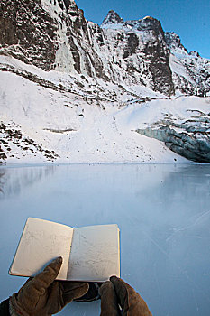 艺术家,素描,挂包,冰河,楚加奇山,靠近,科尔多瓦,阿拉斯加,冬天