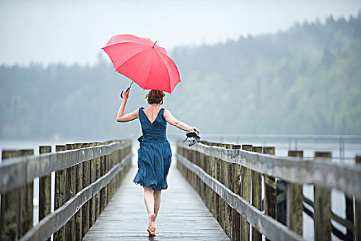 女人,码头,红色,伞