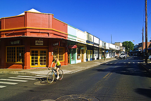 夏威夷,毛伊岛,拉海纳,早晨,正面,街道,骑自行车