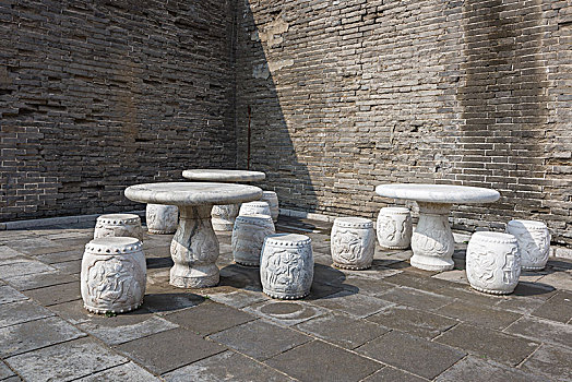 故宫里城墙下的石桌和石椅