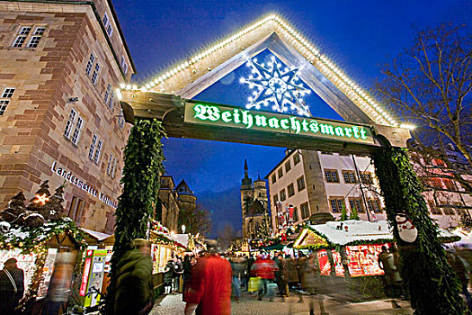 圣诞节,市场,晚间,市场货摊,人,雪,冬天,斯图加特,巴登符腾堡,德国,欧洲