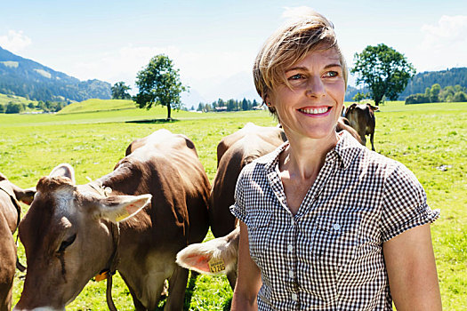 女人,亲密,牧群,母牛,地点,拜恩州,德国