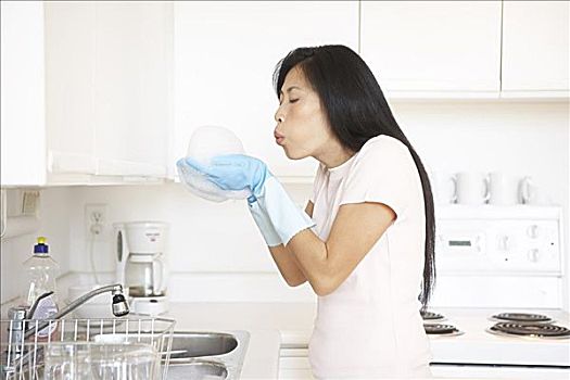 女人,洗碗,吹,肥皂泡