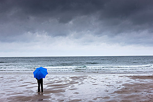 一个人,拿着,蓝色,伞,站立,海滩,阴天,俯视,诺森伯兰郡,英格兰