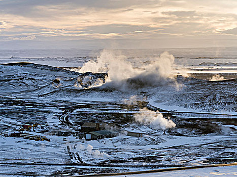 热,蒸汽,上升,地热发电站,靠近,火山,冰岛,湖,米湖,背景,大幅,尺寸