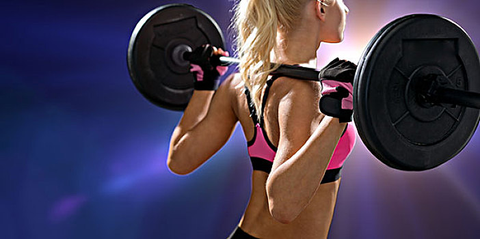 健身,运动,节食,概念,女人,练习,杠铃,背影