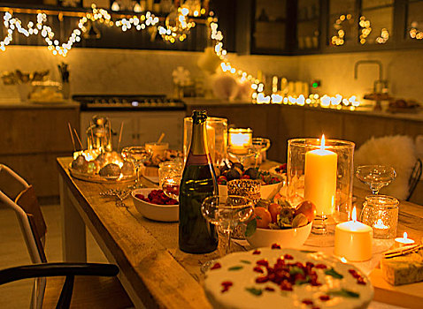 香槟,甜点,烛光,圣诞桌