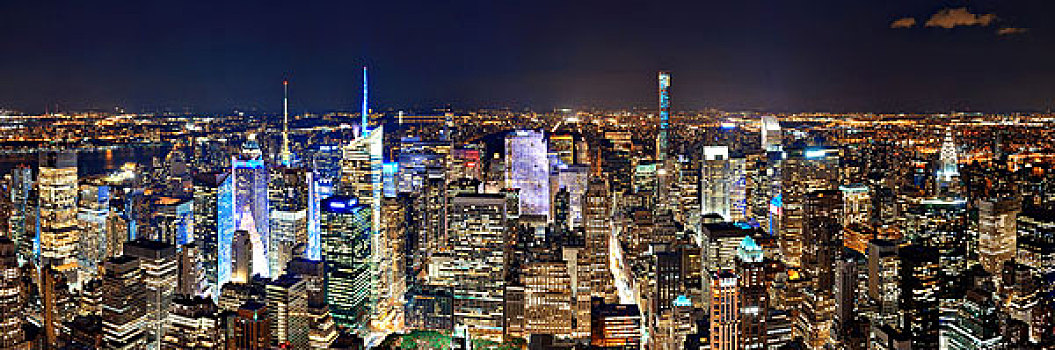 纽约,市中心,天际线,全景,摩天大楼,城市,夜晚