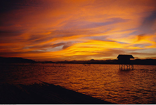 海岸线,小屋,日落,菲律宾