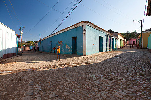 加勒比,古巴,特立尼达,街角,蓝色,房子,一个人