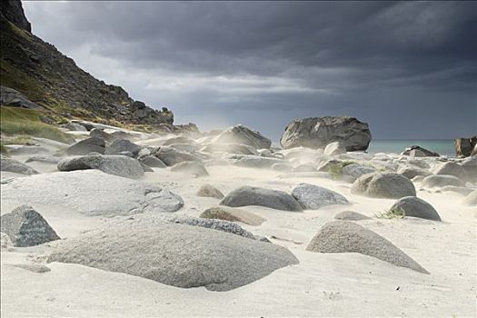 石头,海滩,罗弗敦群岛,挪威