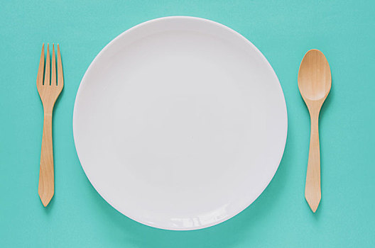 餐饭,简约,背景,概念,俯视,空,白色,盘子,木质,叉子,勺子,蓝色背景
