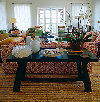 印度尼西亚,桌子,后面,一个,沙发,客厅,展示,收集,亚洲,陶瓷