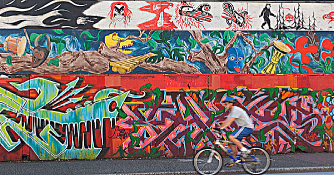 骑车,正面,涂鸦,壁画,东方,温哥华,不列颠哥伦比亚省,加拿大