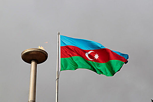阿塞拜疆,巴库,旗帜,摆动,靠近,纪念,火焰
