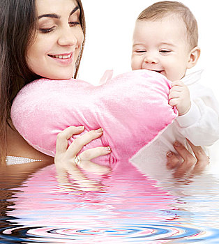 高兴,婴儿,母亲,心形,枕头,水中