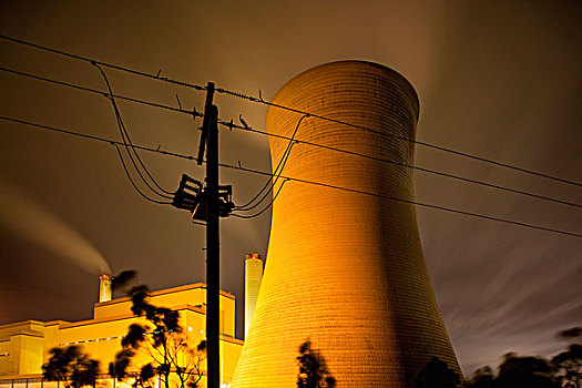 澳大利亚,维多利亚,定时暴光,电线,正面,蒸汽,冷却塔,燃煤,能量,发电站,夏天,夜晚