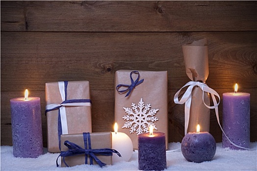 紫色,圣诞礼物,蜡烛,雪