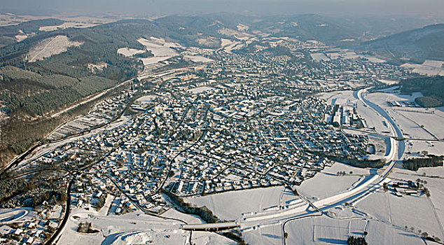 航拍,雪,冬天,藻厄兰,北莱茵威斯特伐利亚,德国,欧洲