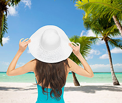 夏天,度假,概念,坐,女人,泳衣,帽子