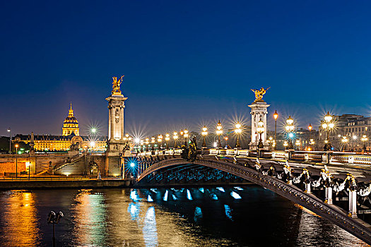 法国,巴黎,亚历山大三世,桥,夜晚
