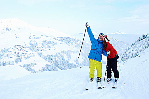 滑雪者,庆贺,雪,山顶