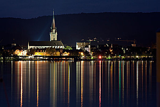 天际线,夜晚,圣母大教堂,湖,康士坦茨湖,巴登符腾堡,德国,欧洲