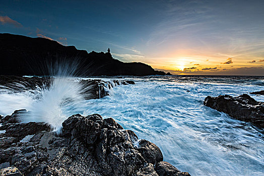 海浪,岩石海岸,泡沫,波浪,日落,法若,特内里费岛,加纳利群岛,西班牙,欧洲