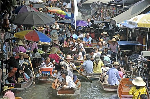 水上市场,丹能沙朵水上市场,西南方,曼谷,泰国,亚洲