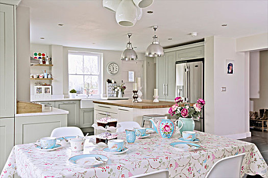 早餐桌,苍白,蓝色,瓷器,正面,厨房
