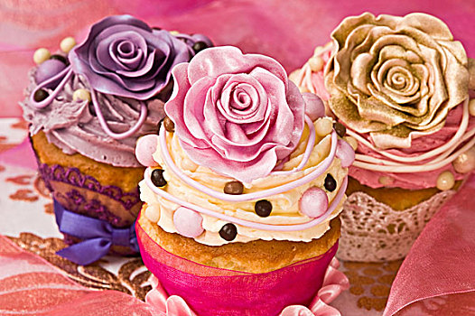 庆贺,杯形蛋糕,装饰,黄油乳,糖,玫瑰