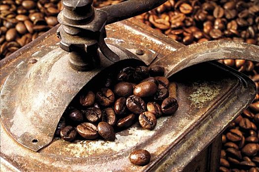 旧式,咖啡研磨机,床,咖啡豆