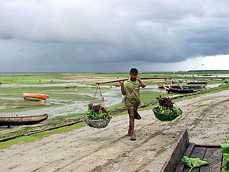 男孩,头部,市场,销售,蔬菜,孟加拉,2007年