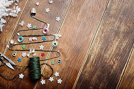 圣诞树,缝纫,物品,背景,木桌子
