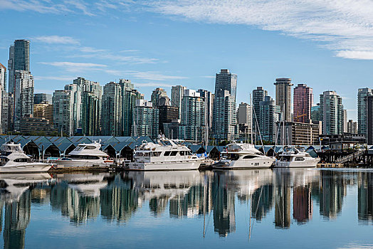 摩天大楼,帆船,码头,天际线,温哥华,反射,海中,煤,港口,不列颠哥伦比亚省,加拿大,北美