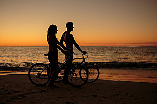 情侣,自行车,一起,海滩,日落