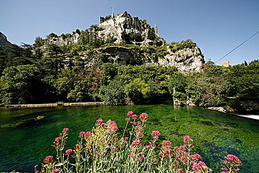 城堡,遗址,悬崖,河,靠近,沃克吕兹省,普罗旺斯,法国,欧洲