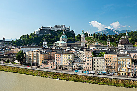 城市,霍亨萨尔斯堡城堡,城堡,萨尔茨堡大教堂,正面,萨尔察赫河,萨尔茨堡,奥地利,欧洲