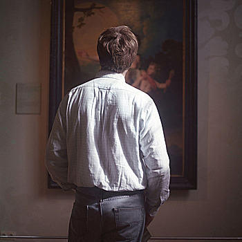 背影,一个,男人,看,绘画,博物馆