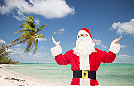 圣诞节,休假,旅行,人,概念,男人,服饰,圣诞老人,抬手,上方,热带沙滩,背景