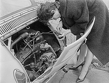 女人,修理,汽车,60年代,德国,欧洲