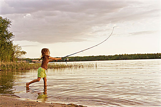 女孩,站立,浅水,湖,钓鱼,杆