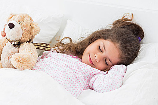 可爱,女孩,睡觉,泰迪熊,床上