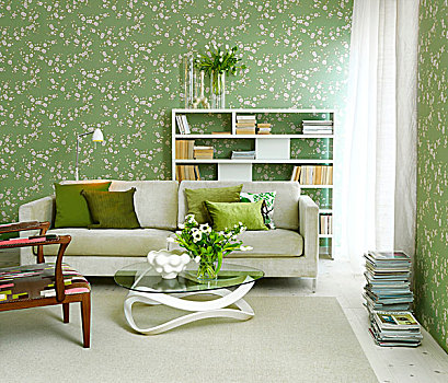 客厅,白色,绿色,壁纸