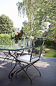 金属,椅子,白色,座椅,垫子,户外桌,木质,梯田,晴朗,花园