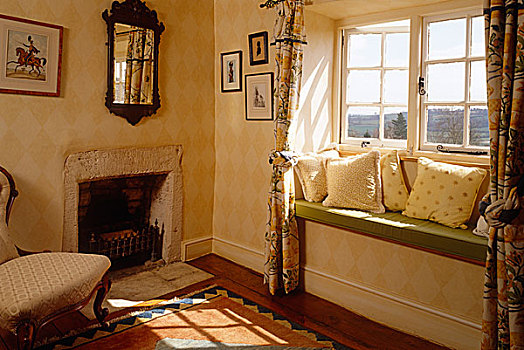 座椅,下方,窗户,图案,帘,靠近,简单,乡村,壁炉